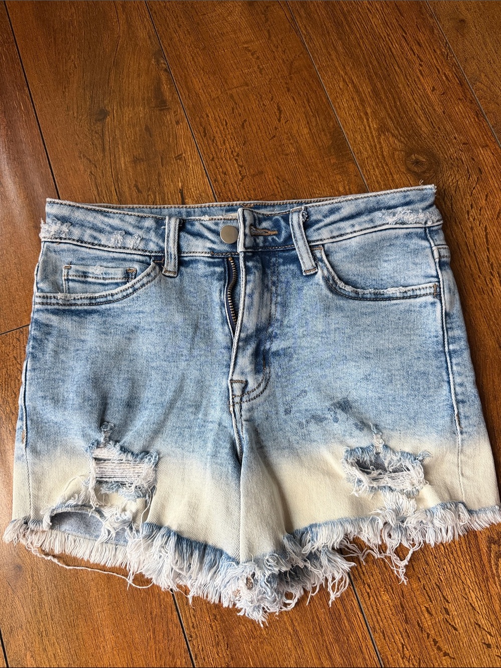 Altar'd State Light Blue to Cream Ombre Distressed Denim Shorts